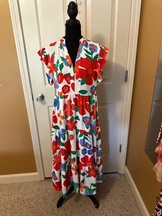 Floral Tiered Midi Dress in White with Red & Blue Blooms - Picture 2 of 9